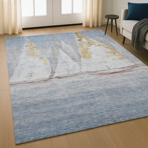 HomeRoots 10' X 14' Blue and Gold Nautical Washable Area Rug – UV Protected, Stain Resistant, Ideal for Homes 717296