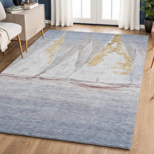 HomeRoots 10' X 14' Blue and Gold Nautical Washable Area Rug – UV Protected, Stain Resistant, Ideal for Homes 717296
