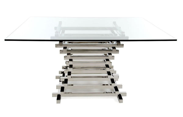 VIG Furniture Crawford Stacked Hourglass Glass Dining Table — 59" Modern Tempered Top, Chrome Sculptural Base VGVCT8909
