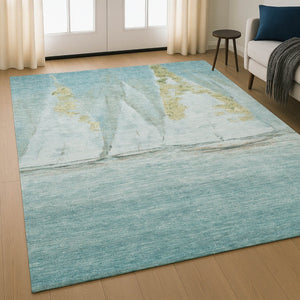 HomeRoots 5' X 8' Teal & Gold Nautical Area Rug - Washable, UV Protected, Stain Resistant for Coastal Charm 717304