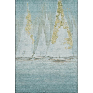 HomeRoots 5' X 8' Teal & Gold Nautical Area Rug - Washable, UV Protected, Stain Resistant for Coastal Charm 717304
