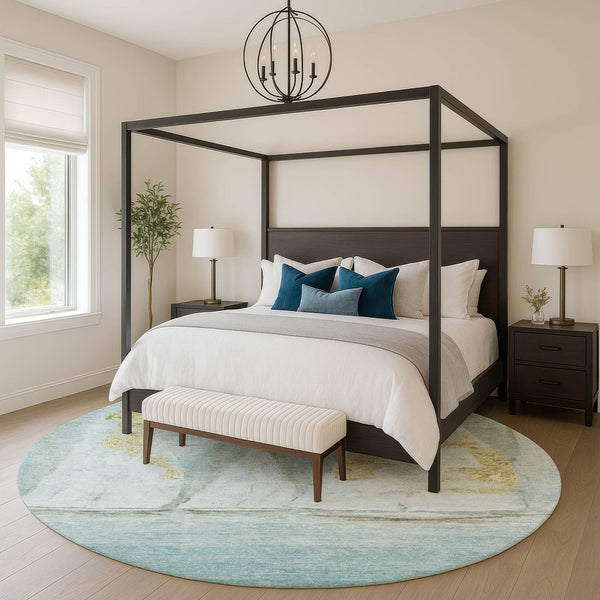 HomeRoots 8' X 10' Nautical Teal and Gold Area Rug – Washable, UV-Protected, Stain-Resistant, and Stylish! 717306