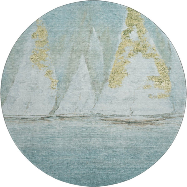 HomeRoots 8' X 10' Nautical Teal and Gold Area Rug – Washable, UV-Protected, Stain-Resistant, and Stylish! 717306