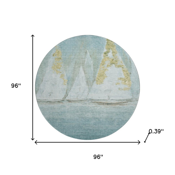 HomeRoots 8' X 10' Nautical Teal and Gold Area Rug – Washable, UV-Protected, Stain-Resistant, and Stylish! 717306