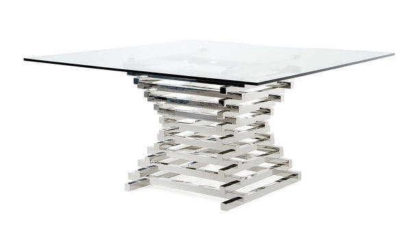 VIG Furniture Crawford Stacked Hourglass Glass Dining Table — 59" Modern Tempered Top, Chrome Sculptural Base VGVCT8909