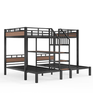 English Elm Full Xl Over Twin Triple Metal Bunk Bed with Storage Stairs and Shelves Black W1580S00546