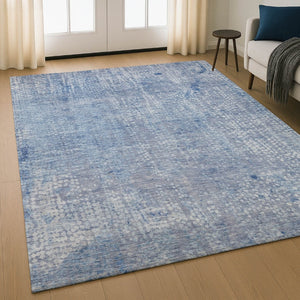 HomeRoots 8' Blue And Ivory Abstract Round Rug - Washable, UV-Protected, Stain-Resistant for Modern Spaces 717323