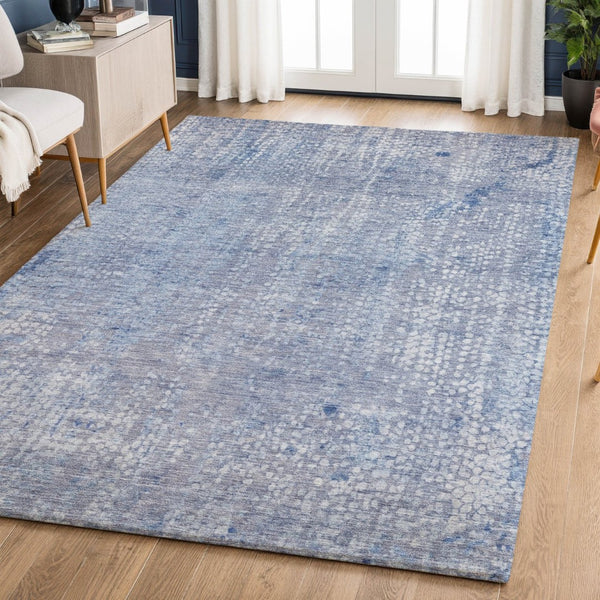 HomeRoots 8' Blue And Ivory Abstract Round Rug - Washable, UV-Protected, Stain-Resistant for Modern Spaces 717323
