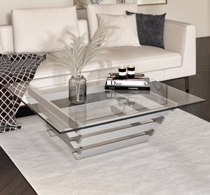VIG Furniture Upton Sculptural Square Glass Coffee Table With Stacked Stainless Steel Base, 39" Modern Centerpiece VGVCCT869