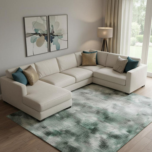 HomeRoots 10' X 14' Teal And Ivory Abstract Area Rug - Machine Washable, UV Protected, Durable for High Traffic Areas 717338