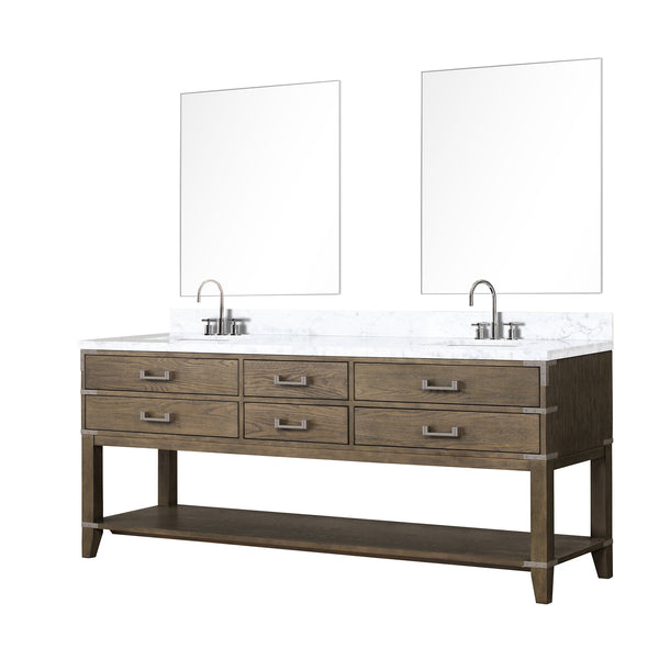 English Elm Grey Oak Double Bath Vanity Set With Carrara Marble Top, Chrome Faucets & 36" Mirrors - Stylish Storage! B2731S01911