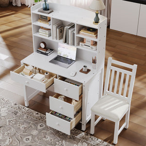 English Elm Vintage 40'' Home Executive Desk Set with Upholstered Chair and Built-In Bookshelf for Stylish Productivity White 44 L x 23 W x 13.5 H N733P272894K