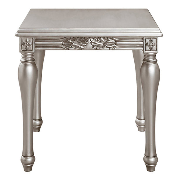 English Elm Platinum Square End Table with Turned Legs, Floral Trim Apron, 2" Thick Top for Stable Elegance (96) B062P191052