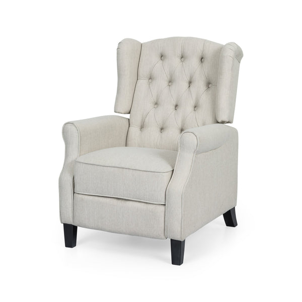 English Elm Christopher Knight Home® - Pushback Tufted Recliner Chair in Beige Fabric with Wingback Design, Birch Legs, Contemporary Comfort and Style 68629.00