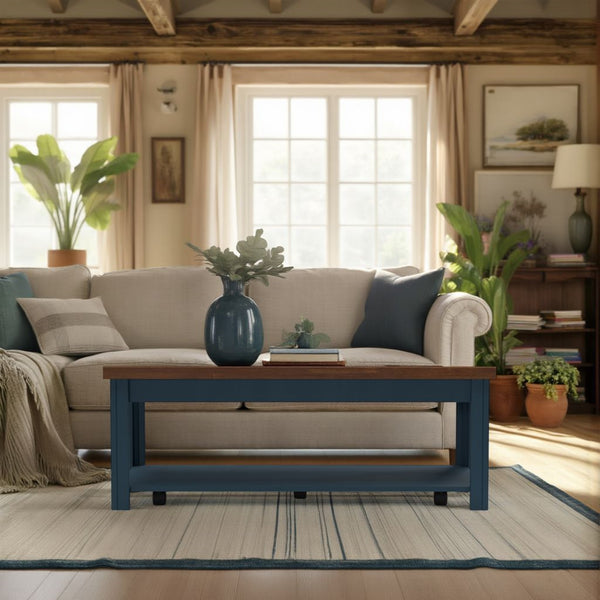 English Elm 48 inch Coffee Table Blue Denim & Whiskey Two-Tone Farmhouse Poplar Top with Shelf, Casters, Ready-to-Use B108131555