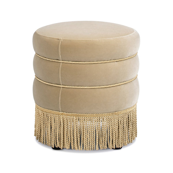English Elm Jennifer Taylor Home - Edward 17.5" Round Upholstered Ottoman with Bullion Fringe — Vintage Luxe Seat, Footrest & Accent Piece Brown B2719P320843