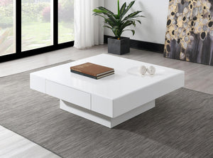 HomeRoots 47" Contemporary Square Block Coffee Table with Black Wood & White Cement, 2 Drawers for Storage 717425