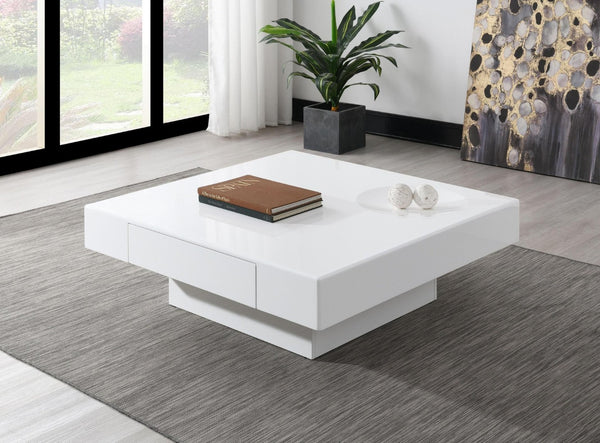 HomeRoots 47" Contemporary Square Block Coffee Table with Black Wood & White Cement, 2 Drawers for Storage 717425