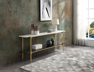 HomeRoots 55" Elegant White Ceramic Tile and Bronze Metal Double Pedestal Console Table for Modern Spaces 717432