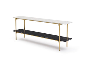 HomeRoots 55" Elegant White Ceramic Tile and Bronze Metal Double Pedestal Console Table for Modern Spaces 717432