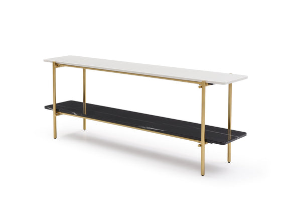 HomeRoots 55" Elegant White Ceramic Tile and Bronze Metal Double Pedestal Console Table for Modern Spaces 717432