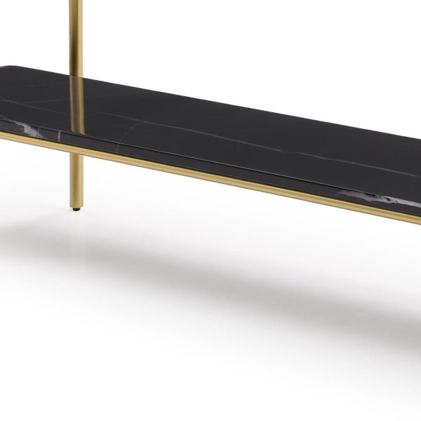 HomeRoots 55" Elegant White Ceramic Tile and Bronze Metal Double Pedestal Console Table for Modern Spaces 717432