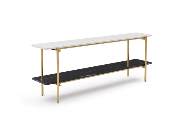 HomeRoots 55" Elegant White Ceramic Tile and Bronze Metal Double Pedestal Console Table for Modern Spaces 717432