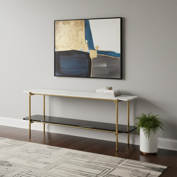 HomeRoots 55" Elegant White Ceramic Tile and Bronze Metal Double Pedestal Console Table for Modern Spaces 717432