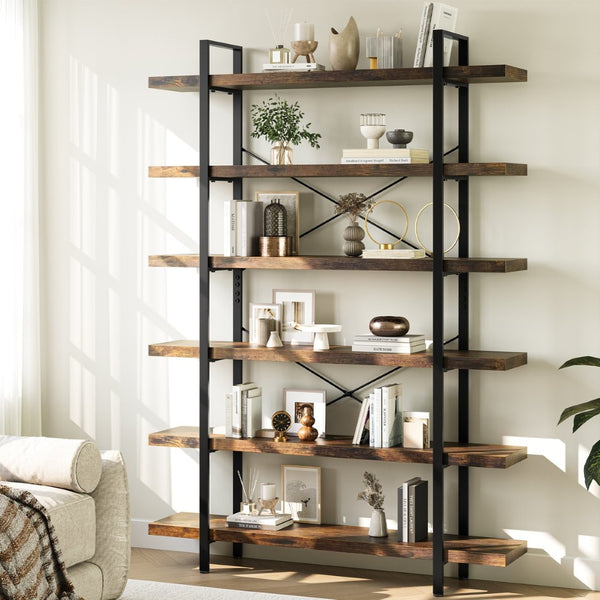 HomeRoots 69" Rustic Brown & Black Wood Metal Corner Bookcase - 10-Tier Design for Stylish Storage Solutions 717461