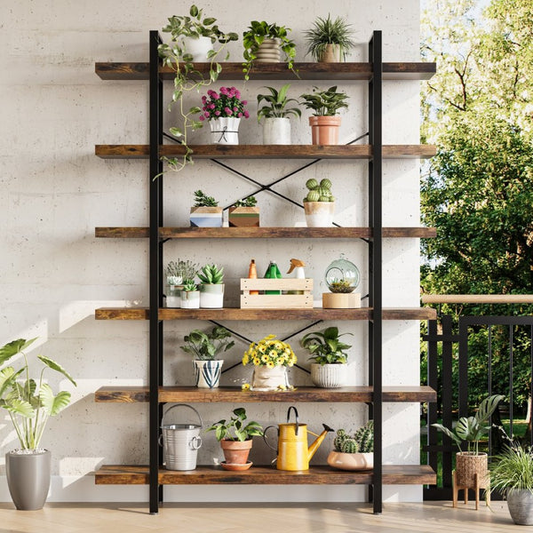 HomeRoots 69" Rustic Brown & Black Wood Metal Corner Bookcase - 10-Tier Design for Stylish Storage Solutions 717461