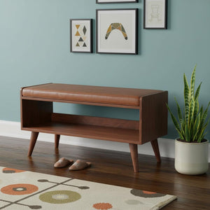 HomeRoots 35" Brown Genuine Leather Upholstered Storage Bench with Solid Wood Cabinet for Entryway Style 717470