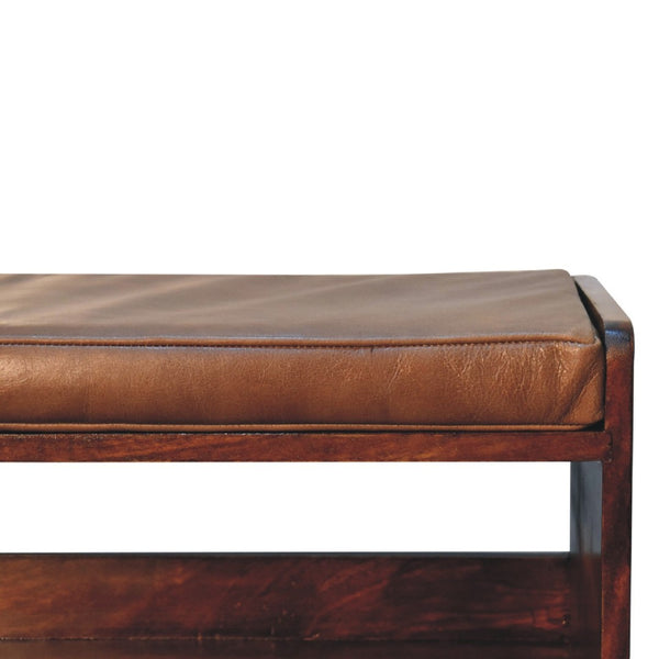 HomeRoots 35" Brown Genuine Leather Upholstered Storage Bench with Solid Wood Cabinet for Entryway Style 717470