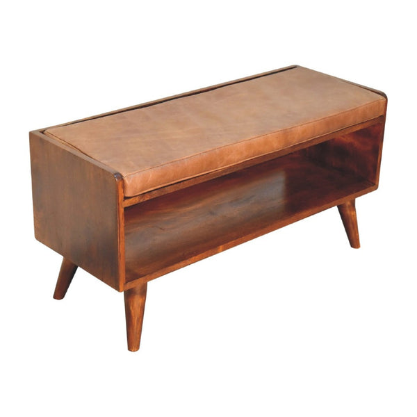 HomeRoots 35" Brown Genuine Leather Upholstered Storage Bench with Solid Wood Cabinet for Entryway Style 717470