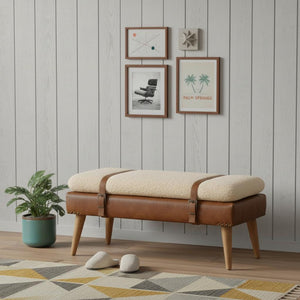 HomeRoots 35" Brown Genuine Leather Upholstered Storage Bench with Solid Wood Frame for Entryway Style 717471