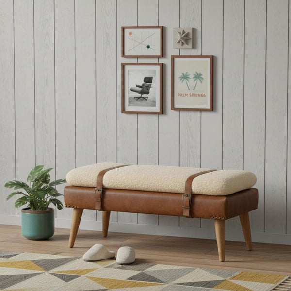 HomeRoots 35" Brown Genuine Leather Upholstered Storage Bench with Solid Wood Frame for Entryway Style 717471