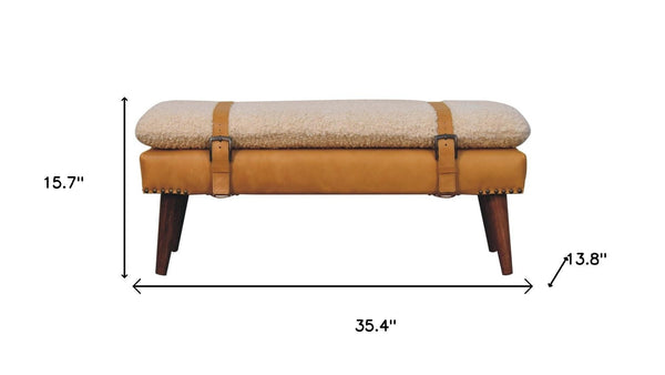 HomeRoots 35" Brown Genuine Leather Storage Bench - Mid-Century Style with Solid Wood Frame & Hidden Cabinet 717472