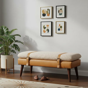 HomeRoots 35" Brown Genuine Leather Storage Bench - Mid-Century Style with Solid Wood Frame & Hidden Cabinet 717472