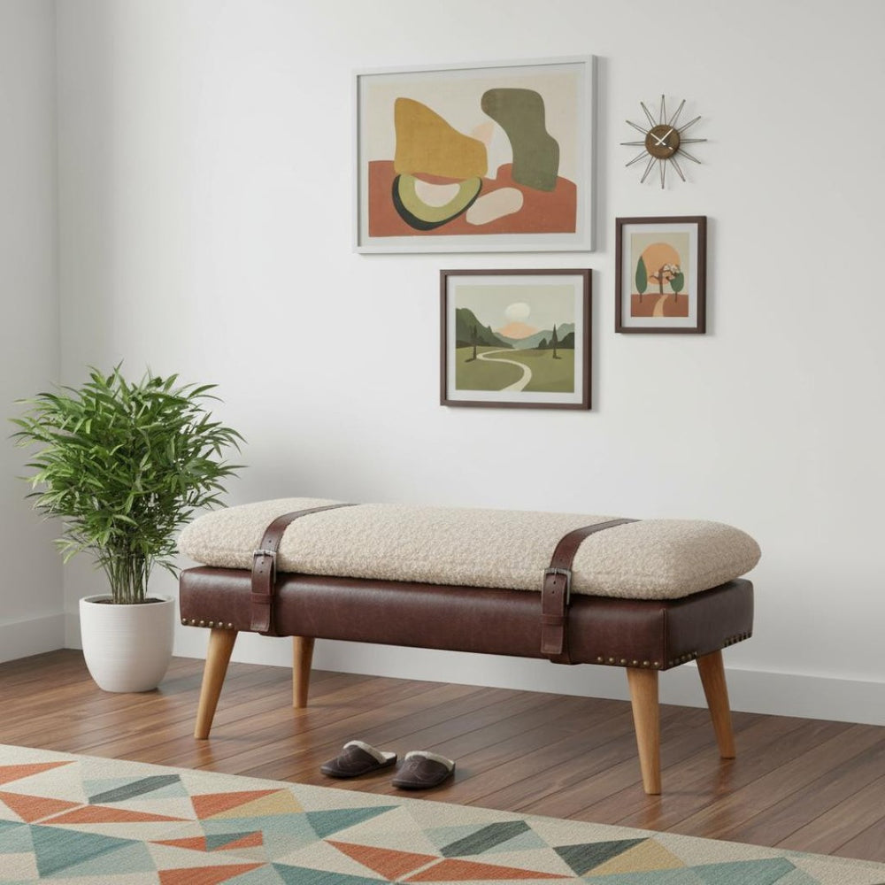 HomeRoots 35" Brown Genuine Leather Storage Bench - Handcrafted Solid Wood with Hidden Cabinet for Organization 717473
