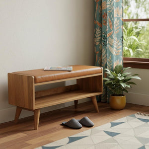 35 Inch Genuine Leather Entryway Bench Solid Wood Frame Hidden Shoe Storage