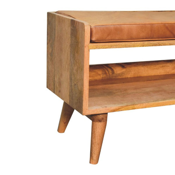 35 Inch Genuine Leather Entryway Bench Solid Wood Frame Hidden Shoe Storage