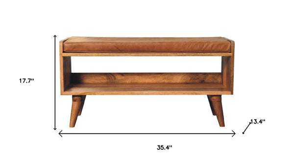 35 Inch Genuine Leather Entryway Bench Solid Wood Frame Hidden Shoe Storage