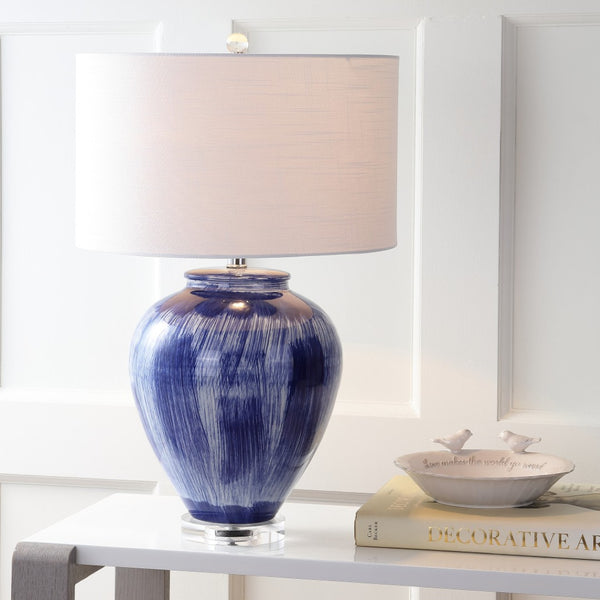 HomeRoots 28" Clear Crystal Table Lamp with White Linen Drum Shade - Elegant LED Lighting for Any Room 717487