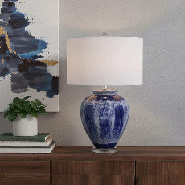 HomeRoots 28" Clear Crystal Table Lamp with White Linen Drum Shade - Elegant LED Lighting for Any Room 717487