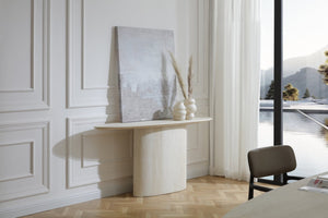 HomeRoots 60" Elegant White Marble Double Pedestal Console Table - Modern Design for Home & Office Decor 717493