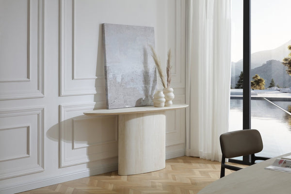HomeRoots 60" Elegant White Marble Double Pedestal Console Table - Modern Design for Home & Office Decor 717493