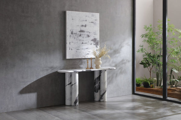 HomeRoots 60" White Genuine Marble Console Table - Elegant, Durable Stone Base, Unique Veining for Modern Spaces 717495