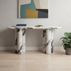 HomeRoots 60" White Genuine Marble Console Table - Elegant, Durable Stone Base, Unique Veining for Modern Spaces 717495