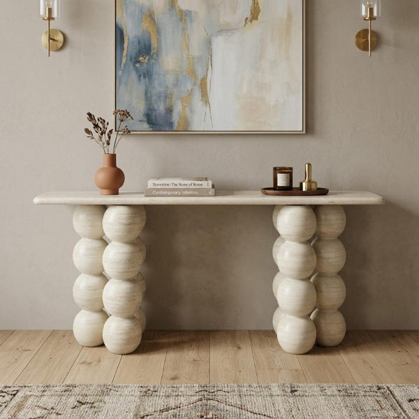 75 Inch Genuine Marble Top Double Pedestal Console Entryway Table in Beige