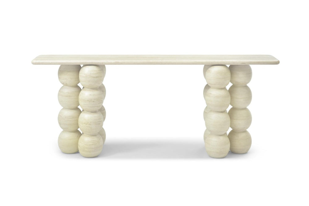 HomeRoots 75 Inch Genuine Marble Top Double Pedestal Console Entryway Table in Beige 717496