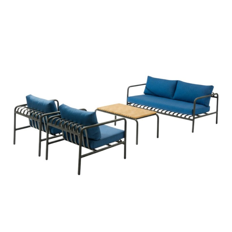 HomeRoots Four Piece Outdoor Sofa Set with Cushioned Seating Metal Frame and Side Table for Patio Dark Gray / Blue 63" W x 23" H x 37" D 717499